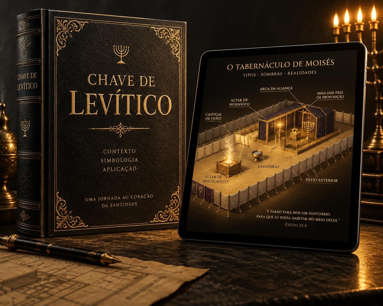Livro Chave de Levítico com capa dourada e tablet com o mapa do Tabernáculo